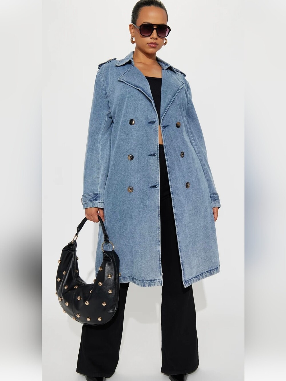 Fashion Nova Take You There Denim Belted Trench Coat Size XL NWT Medium Wash - Picture 5 of 12